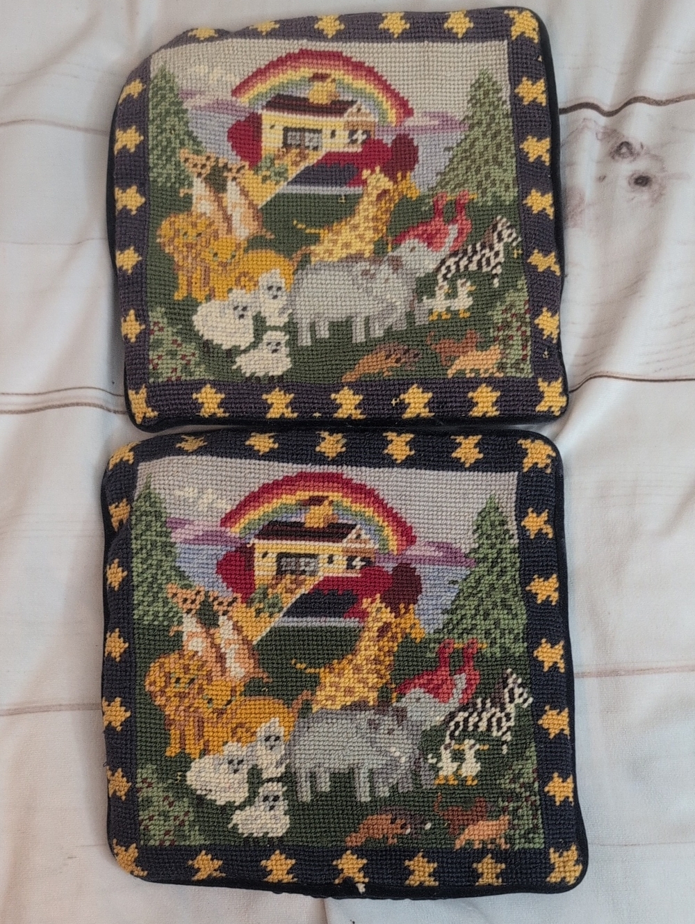 Vintage Noah's Ark Needlepoint Pillows Pair 10" Animals Rainbow Velvet Back
